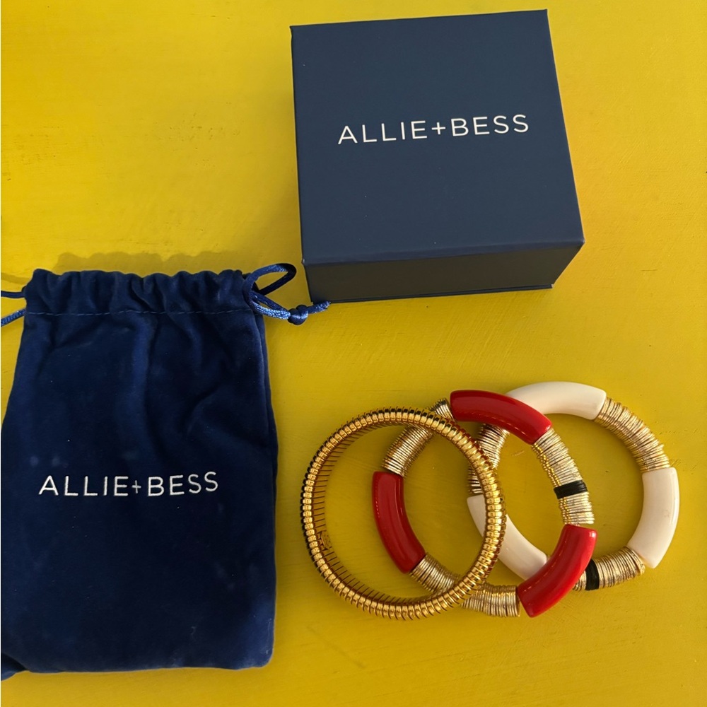 Allie + Bess Crimson and white stack. Gold and Red Bangles size SM/MED